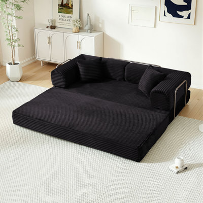 Hartwig 80"W Convertible Folding Sofa Bed, Corduroy Upholstered King Size Compression Foam Floor Couch In a Box