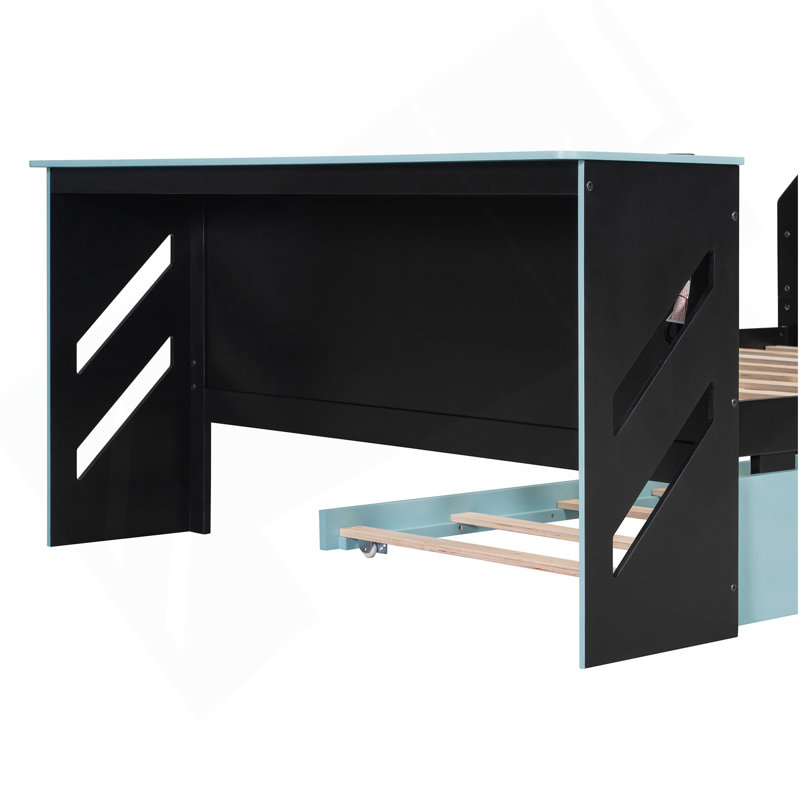 Lit de jour double avec lit gigogne simple, bureau et port USB, Bleu