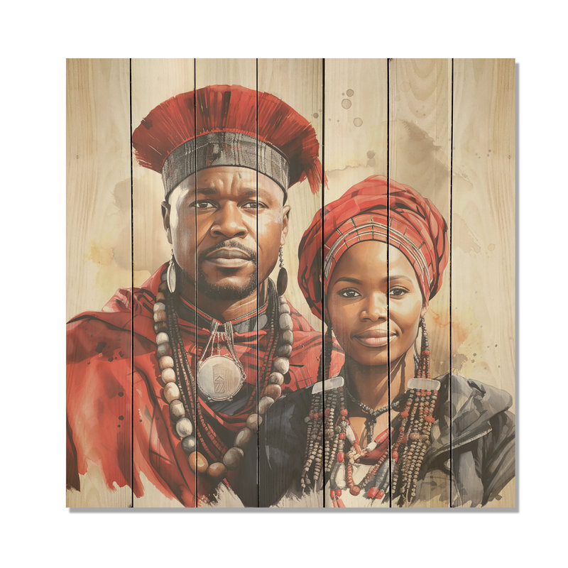 Portrait de couple d'élégance rouge et rouge sur tribal africain sur bois, H 36 po x l 36 po