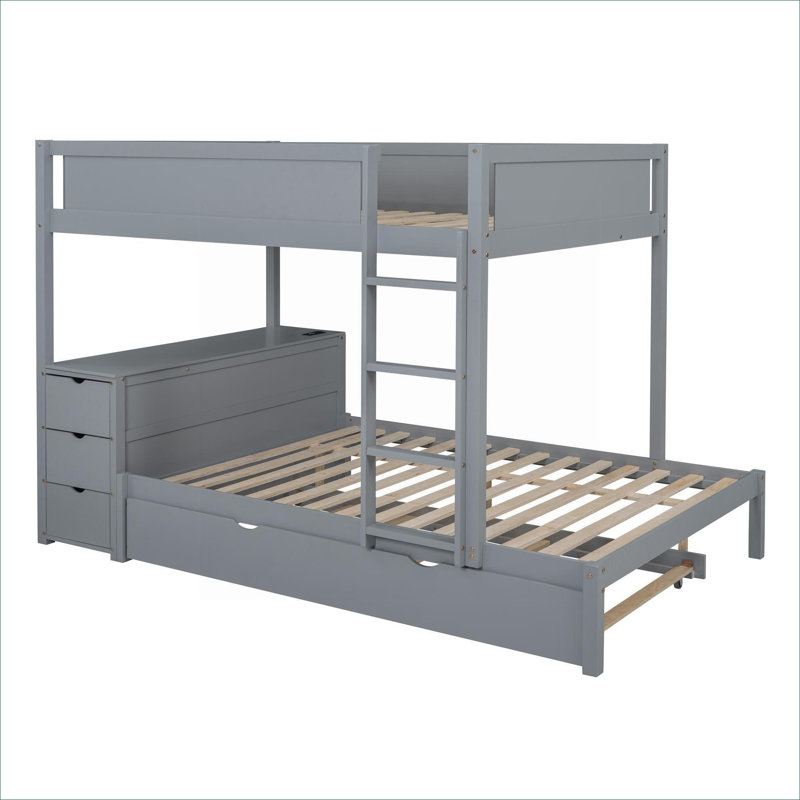 Structure de lit superposé double en bois massif gris ardoise avec lit gigogne simple, bureau intégré et rangement pour les petites chambres