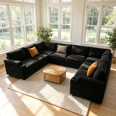 116'' U Shaped Upholstered Modular Sectional Sofa,8 Seater Deep Seat,Cup Holder