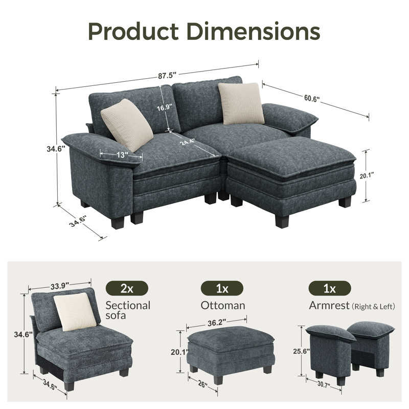 Canapé modulaire 88 places pour salon, canapé 3 places à assise profonde avec repose-pieds 88 po, Chenille bleue marine