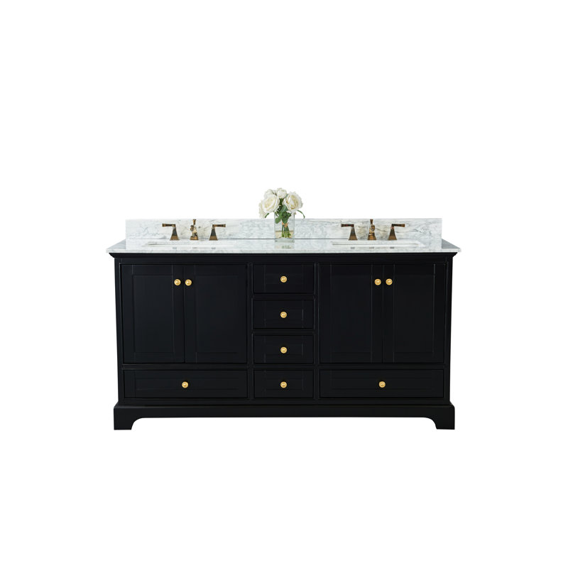 Audrey 66'' W Double Vanity, Carrara White, Black Onyx | Brushed Gold