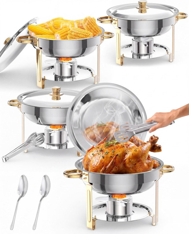 Ensemble de 4 chauffe-plats ronds dorés 5QT - Réchaud buffet avec porte-couvercle, cuillères de service et pinces