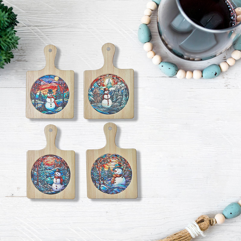 Paddle Shape Ceramic Trivet Snowman - Set Of 4