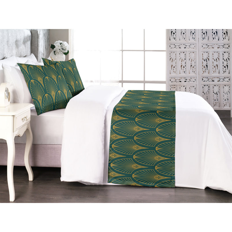 Ensemble de chemin de lit Ambesonne Art Deco Nostalgic Classic Motif Moutarde foncé et bleu sarcelle foncé, Très grand lit