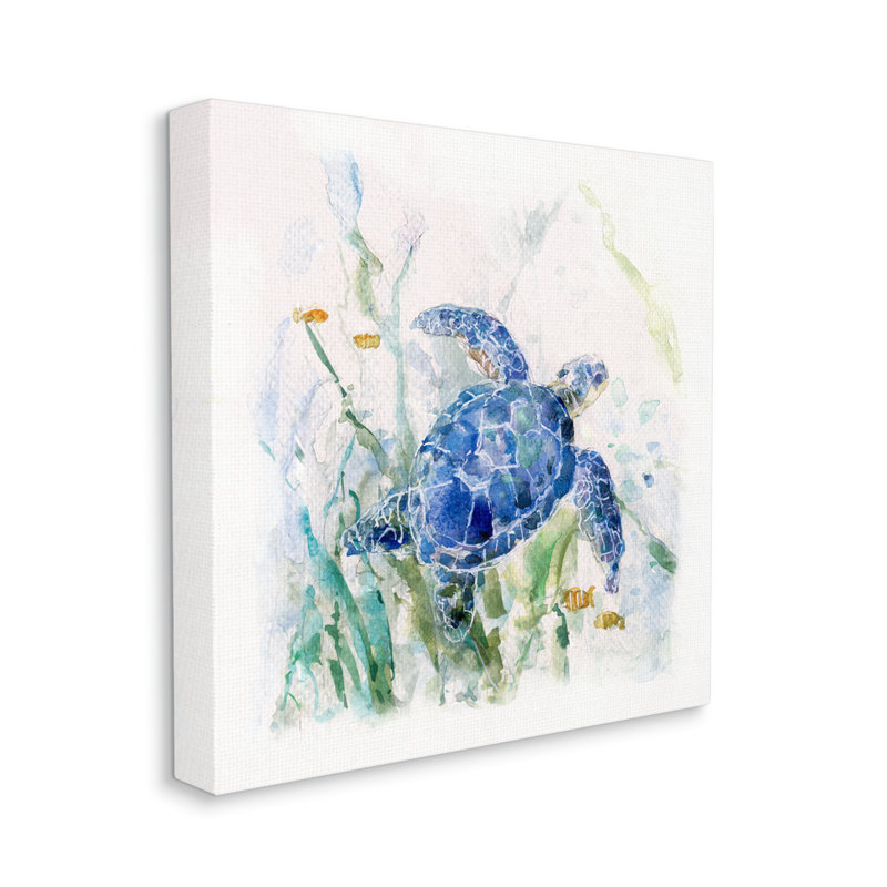 «Pleasant Aquatic Blue Sea Turtle» nageant des plantes de l'océan par Sally Swatland - Peinture, Toile tendue