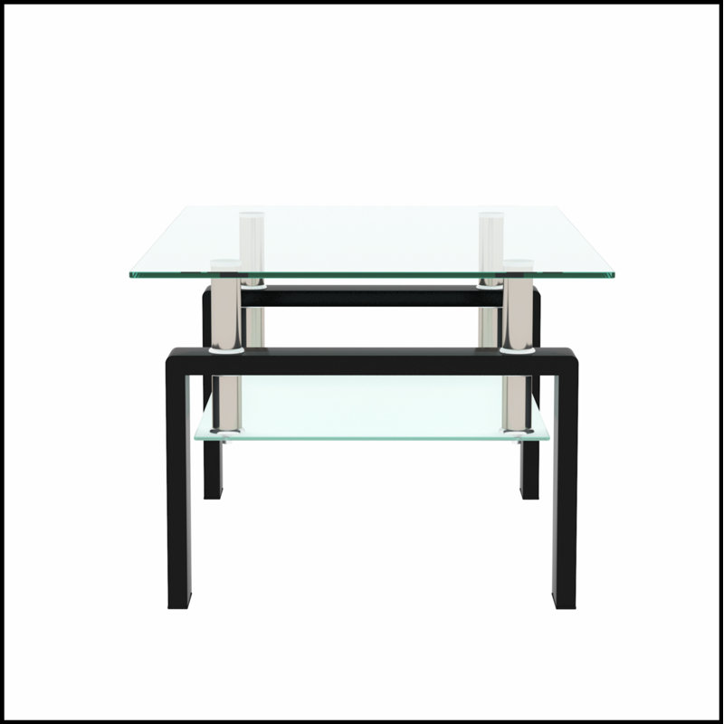 Table basse rectangulaire moderne en verre avec rangement double couche, surface transparente et structure en métal durable