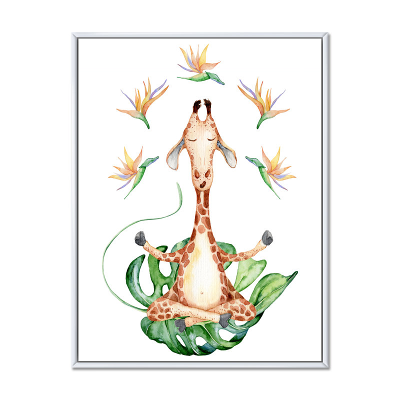 Dessin de girafe avec fleurs tropicales V - peinture sur toile, H 32 po x l 24 po, Cadre flottant blanc