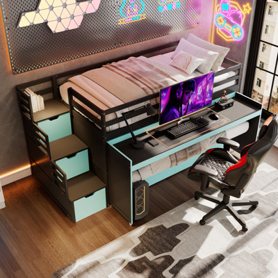 Twin XL Loft Bed with Pull-Out Desk and Twin Trundle, Multi-Functional Bunk Bed with 2 Storage Drawers and Storage Steps, Space-Saving Gaming & Workstation Bedframe, Black+Blue