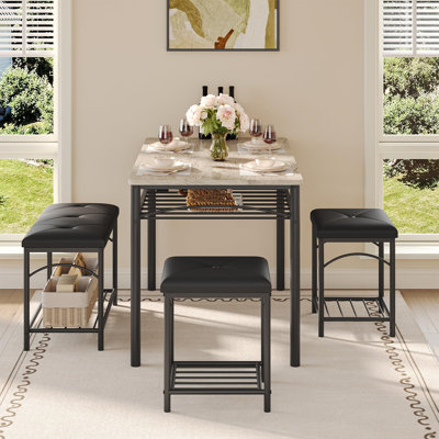 Dining Table Set for 4 with Upholstered Bench & 2 Chairs, Space-Saving Kitchen Dinette Set