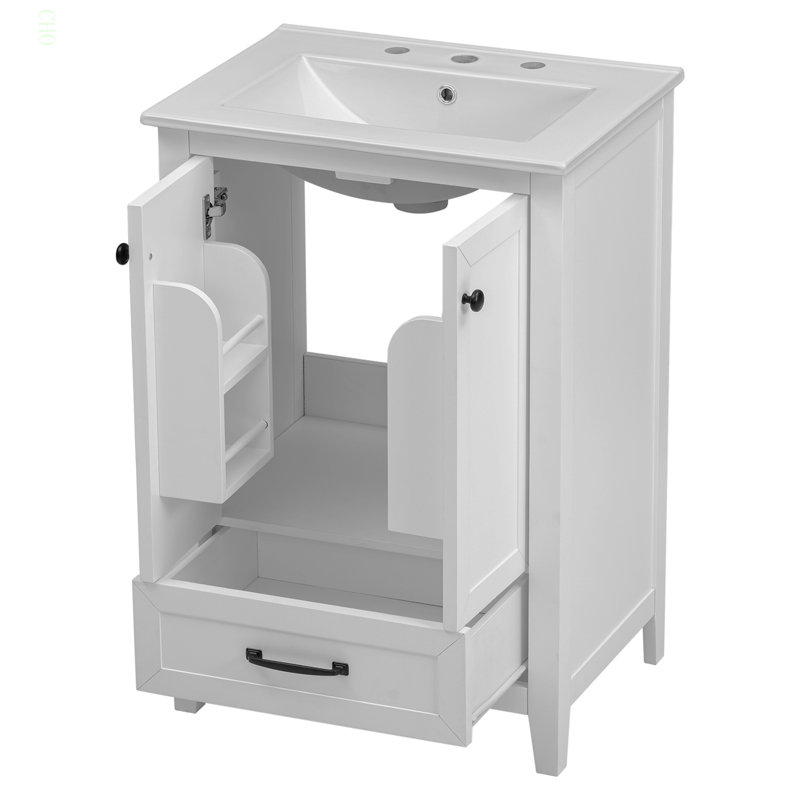 Meuble-lavabo 24 po avec évier, meuble-lavabo avec tiroir et portes, bois massif et panneau de fibres à densité moyenne, blanc
