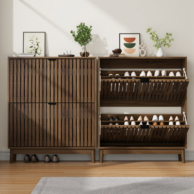 Shoe Storage Cabinet with Flip-Down Drawers,Freestanding Entryway 16-24 Pairs Slim Shoe Cabinet,Walnut