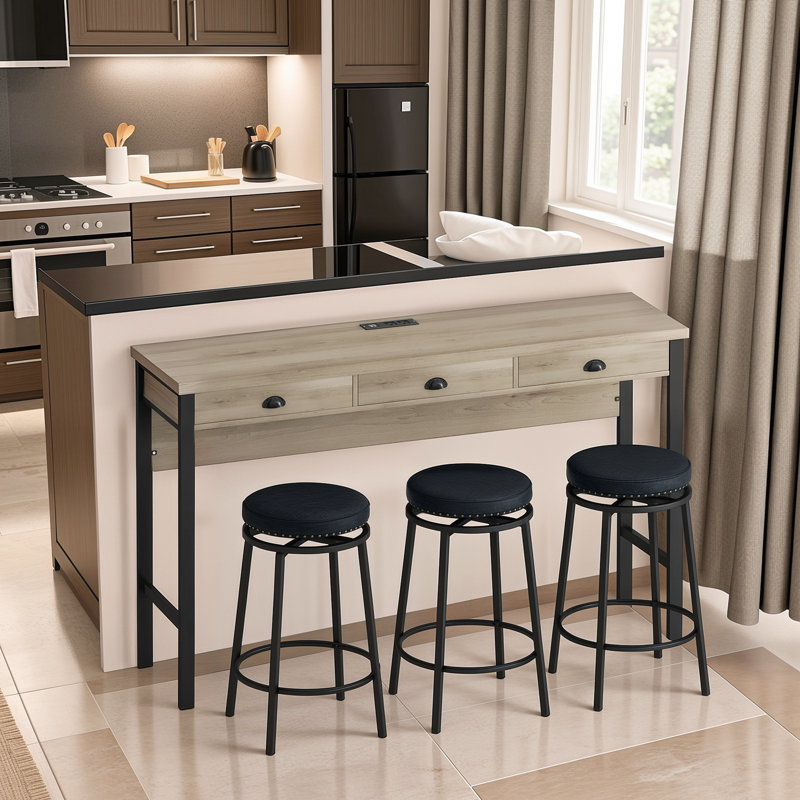 Yaneri Console Table and Stool Set, Bar Table With Stools Breakfast Bars, Wood/Black