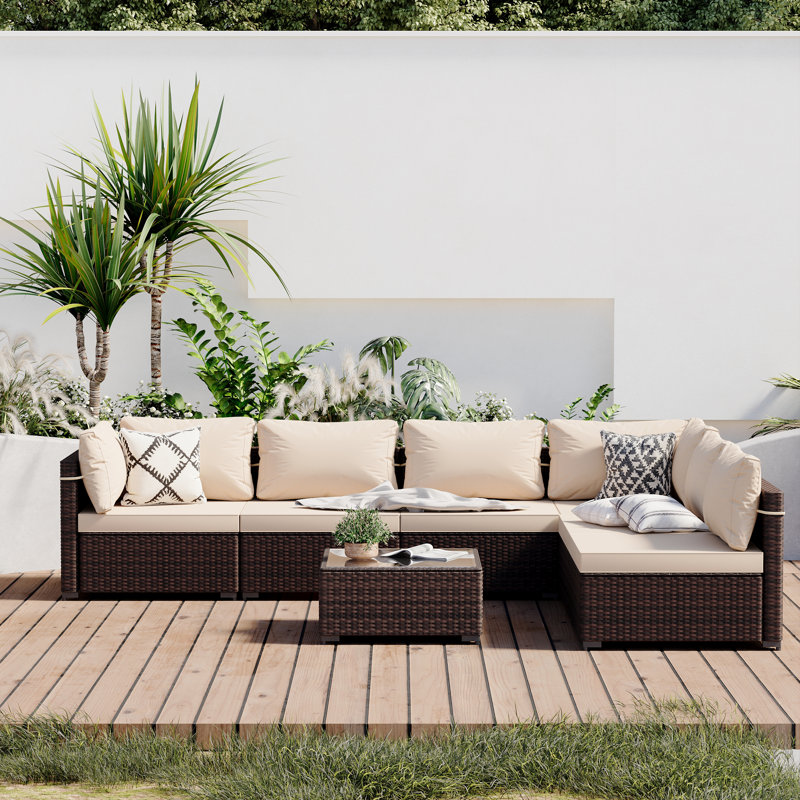 Forksville Wicker 6 - Person Modular Patio Conversation Set with Cushions, Beige Cushion/Brown Frame