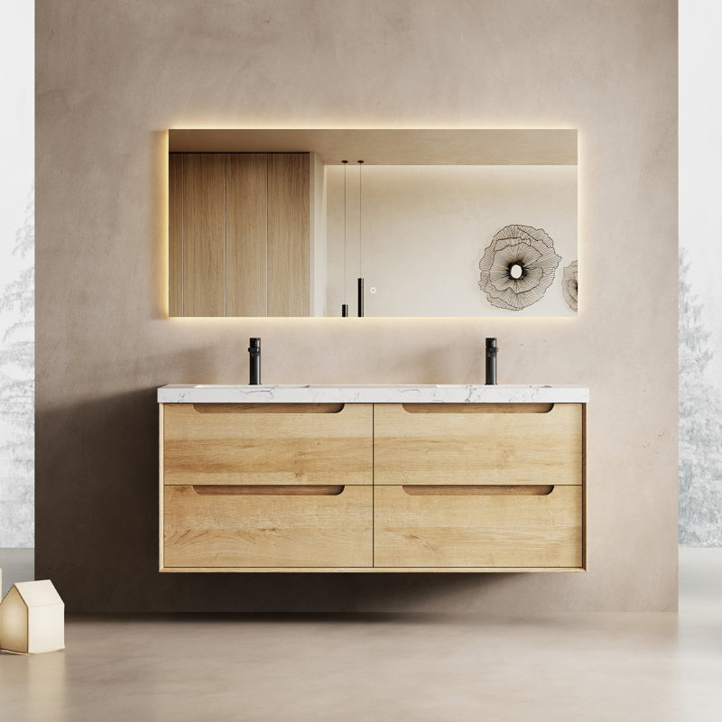 Meuble-lavabo double 60 po en chêne naturel avec plateau en pierre reconstituée 60 po, 60"