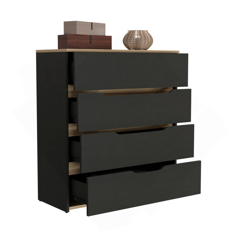 Commode hautbois, haut, quatre tiroirs, finition wengé noir / chêne clair, Chêne clair