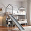 Lit superposé en forme de maison avec escalier de rangement, tablettes de présentation et glissade-160317976