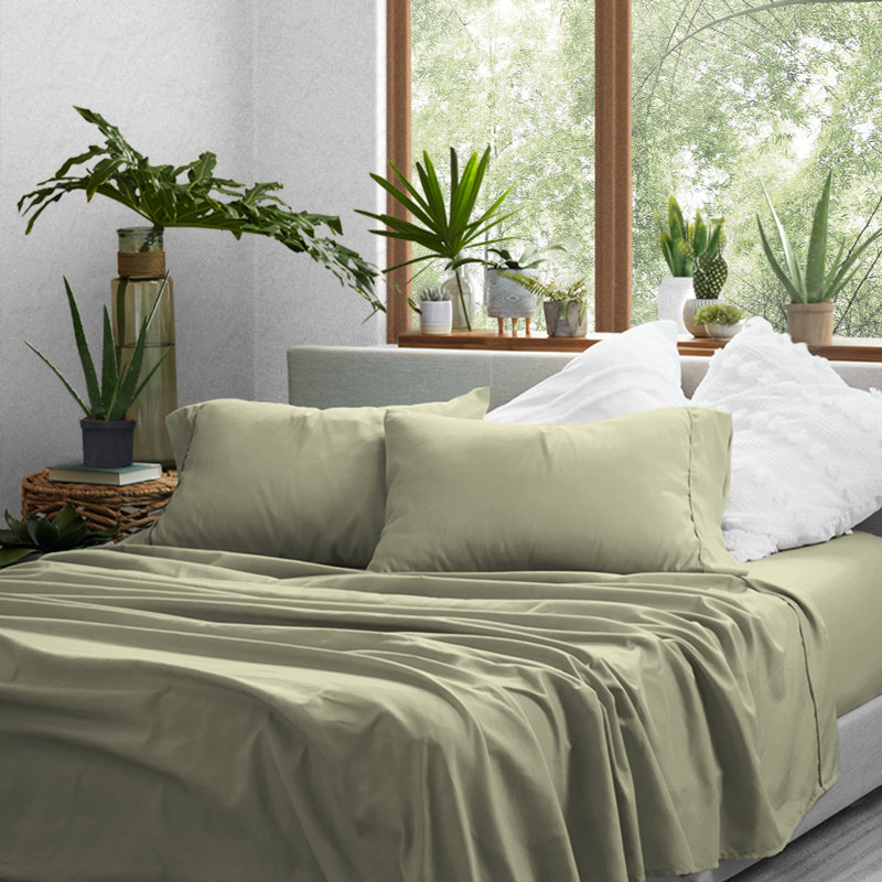 Ensemble de draps en microfibre Sateen, Sauge aux herbes, Ensemble de draps pour grand lit + un drap-housse 