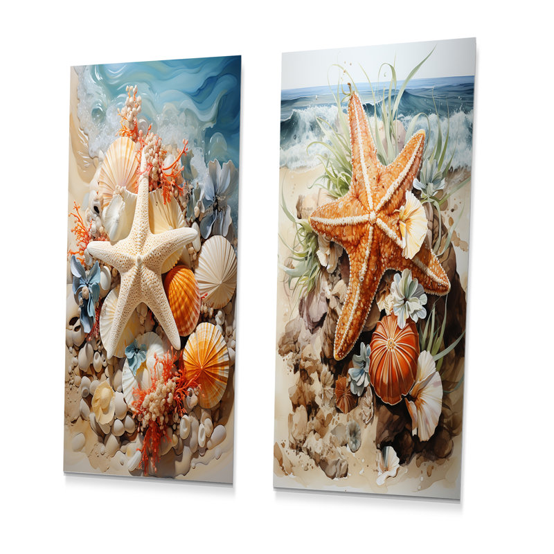 Étoile de mer orange et bleu Sands II - ensemble d'art mural en métal tropical côtier, H 32 po x l 32 po