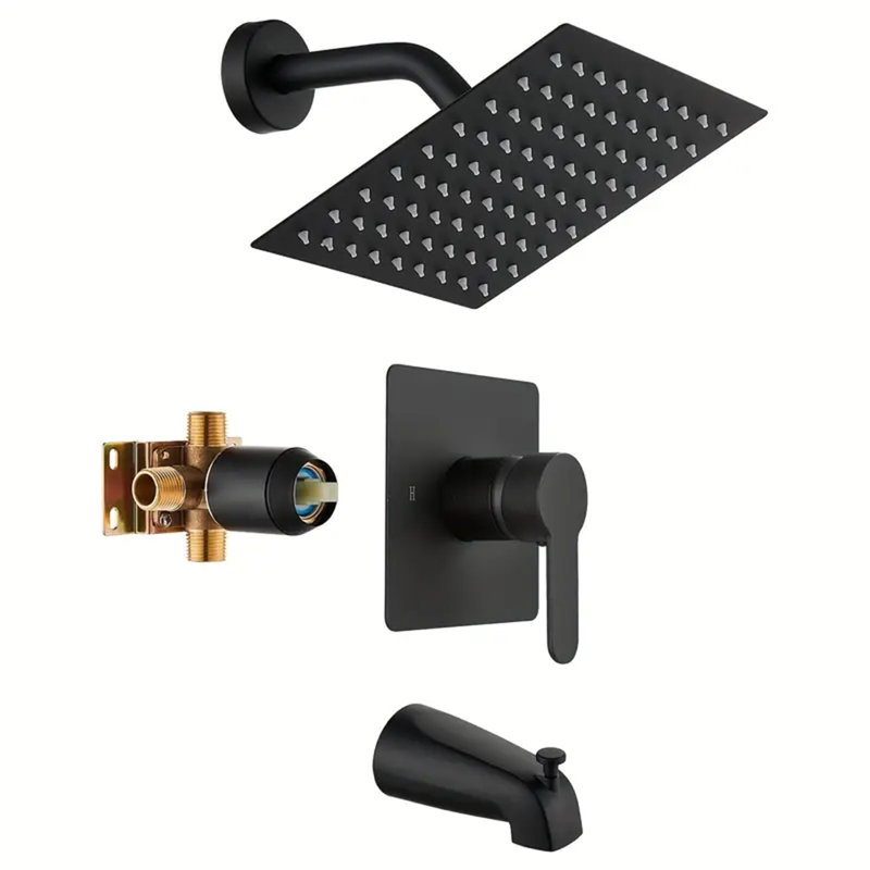 Ensemble de robinet de douche noir mat avec tête de douche à pluie de 8 pouces et bec de baignoire inclus
