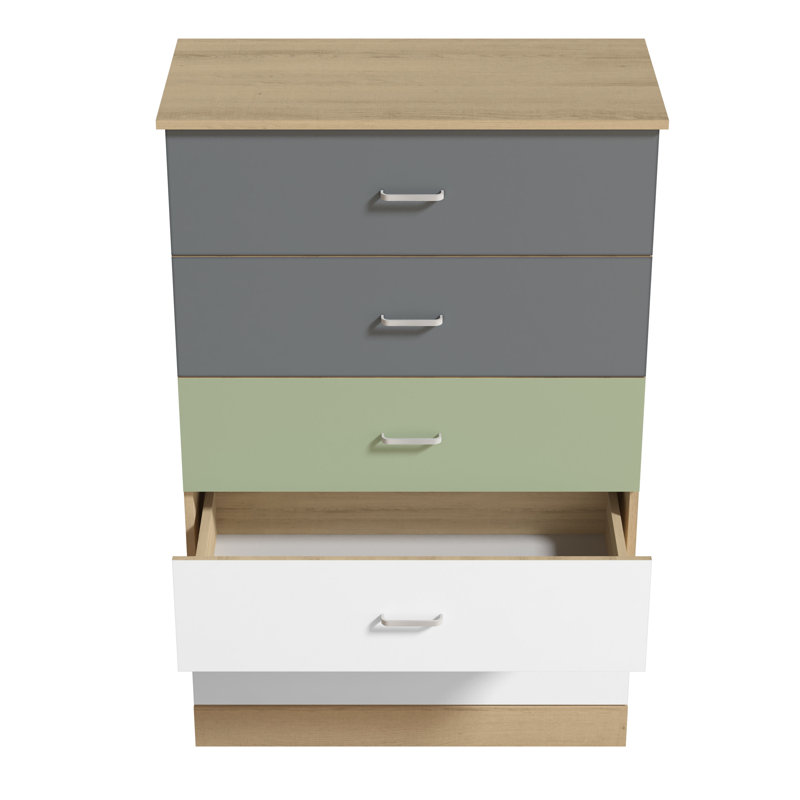Commode 5 tiroirs Allyannah, Chêne Oslo / vert sauge / blanc / gris froid / ro