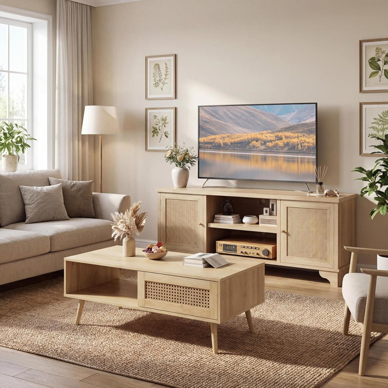  Ensemble de 2 tables de salon, comprenant un meuble de rangement pour meuble télé en rotin de 62 po pour téléviseur de 65 po, table basse avec tablette de rangement pour chambre à coucher