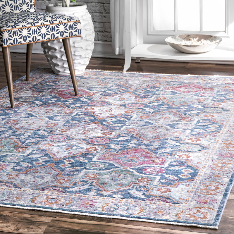 Tapis bleu / gris / rouge Lininger, Rectangle 5 pi 3 po x 7 pi 7 po
