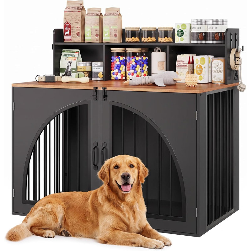 Cage pour chien avec rangement ouvert, Médium, Noir + noyer