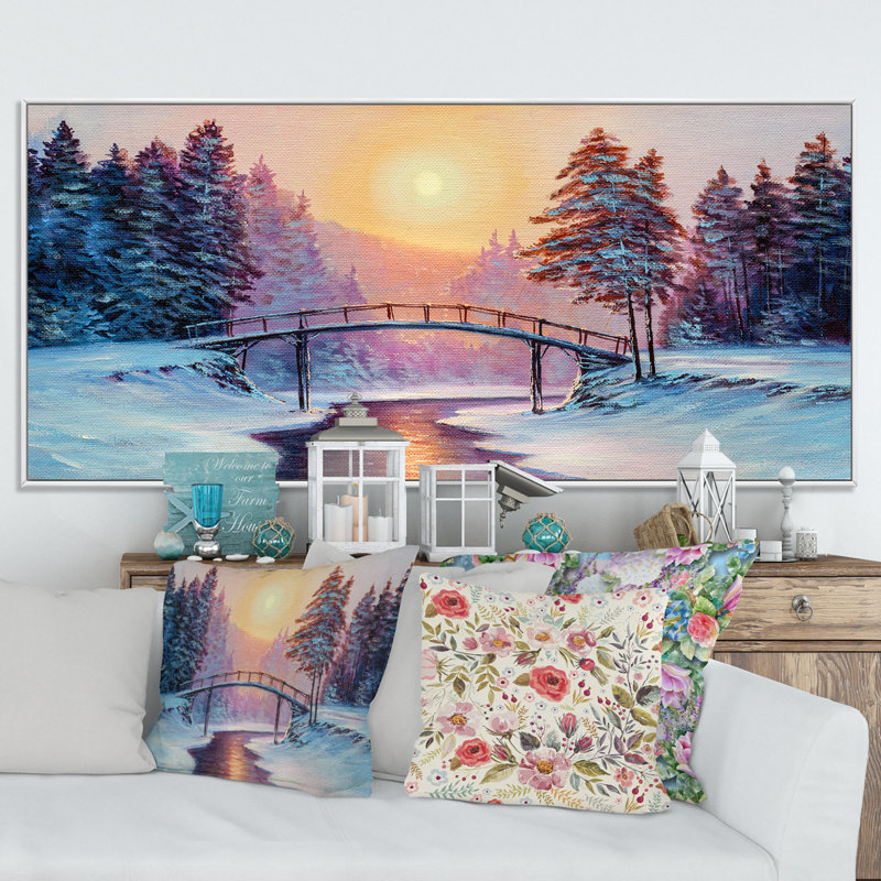 «Sunset on Winter River Bridge Scenery II», peinture sur toile, H 24 po x l 36 po x P 1 po, Cadre blanc