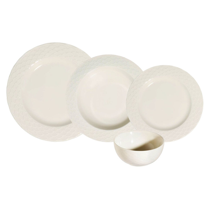 Service de table élégant 24 pièces, 100% porcelaine | Comprend 6 assiettes de service (9,8 x 9,8 x 1,0 po), 6 assiettes (8,3 x 8,3 x 1,2 po), 6 bols (5,9 x 5,9 x 1,8 po), 6 assiettes à dessert (8,7 x 8,7 x 1,0 po) | Va au lave-vaisselle jusqu'à 122 ° F, parfait pour un repas élégant