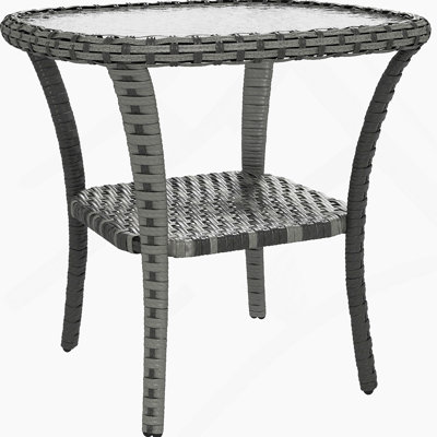 Outsunny Rattan Coffee Table With Storage Shelf, Wicker Side Table With Glass Top, Outdoor End Table