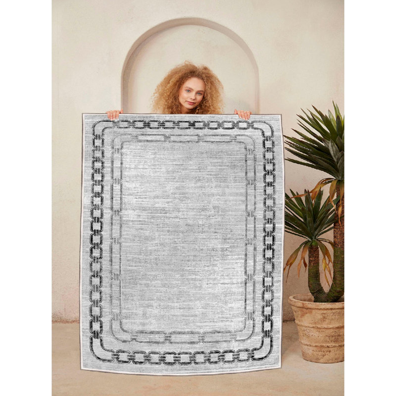 Stylish Cotton Area Rug (5.2 x 7.5 Feet), Cream & Grey/Black | 100% Cotton, 1200 GSM, 0.4 in Pile Height | Antibacterial, Non-Slip PVC Underside, Machine Washable | Perfect for Living Room, Bedroom & Dining Areas
