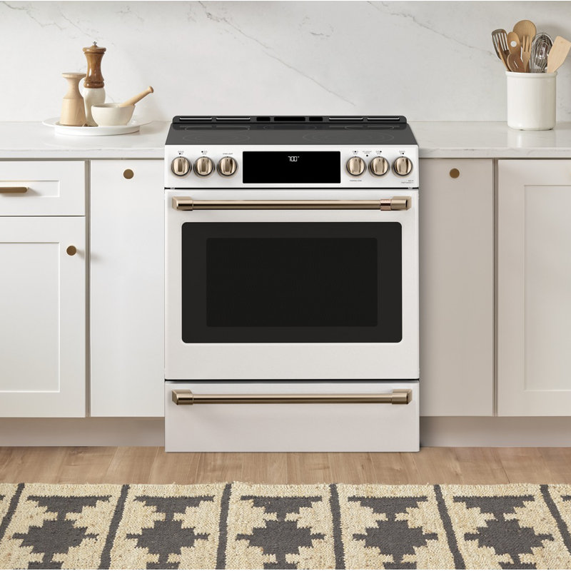 Café Kitchen Suite 30" 5.7 cu. ft. Smart Slide-in Electric Range with Convection Oven, Matte White/Brushed Bronze