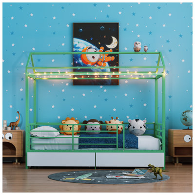 Cadre de lit moderne simple en métal pour enfants - Lit de plancher robuste avec toit et garde-corps, aucun sommier nécessaire