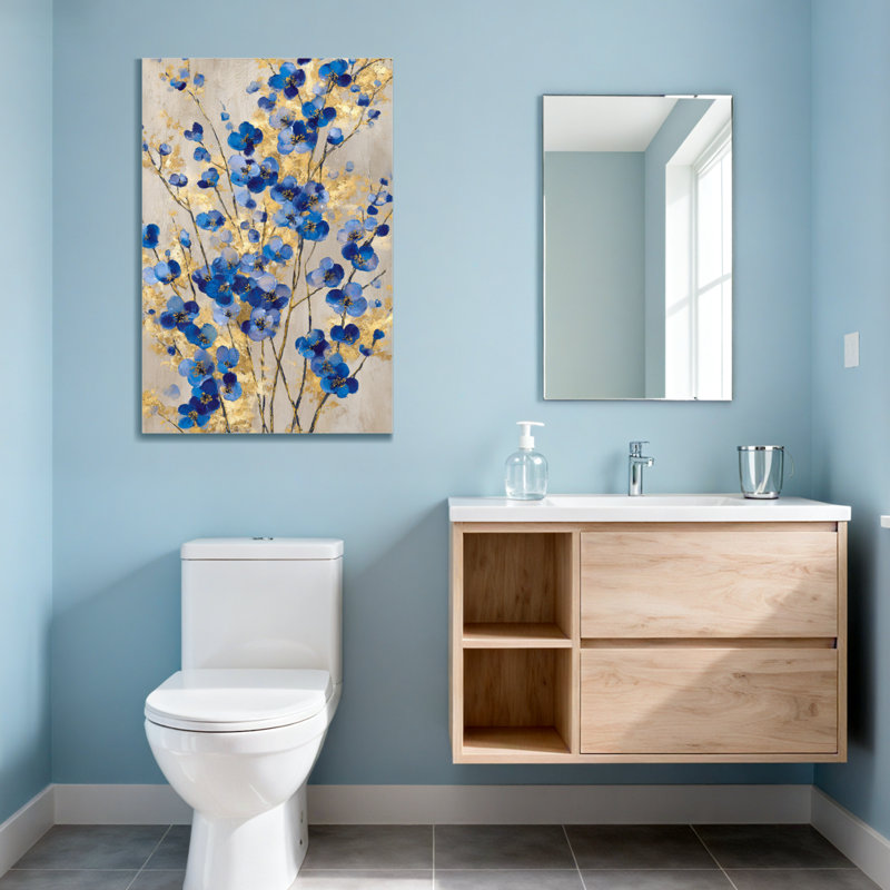 «Plants & Flowers Blue Flowers Gold Accents», reproduction d'art sur toile