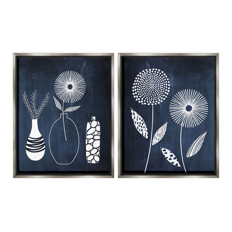 «Structured Flowers On Blue» par Lisa Nohren, 2 pièces sur toile, Gris, H 21 po x l 17 po