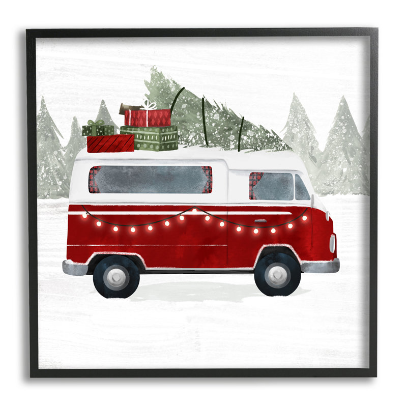 Feux de Noël rouges transportant des cadeaux de Noël, art numérique de la giclée noire encadrée par Victoria Borges