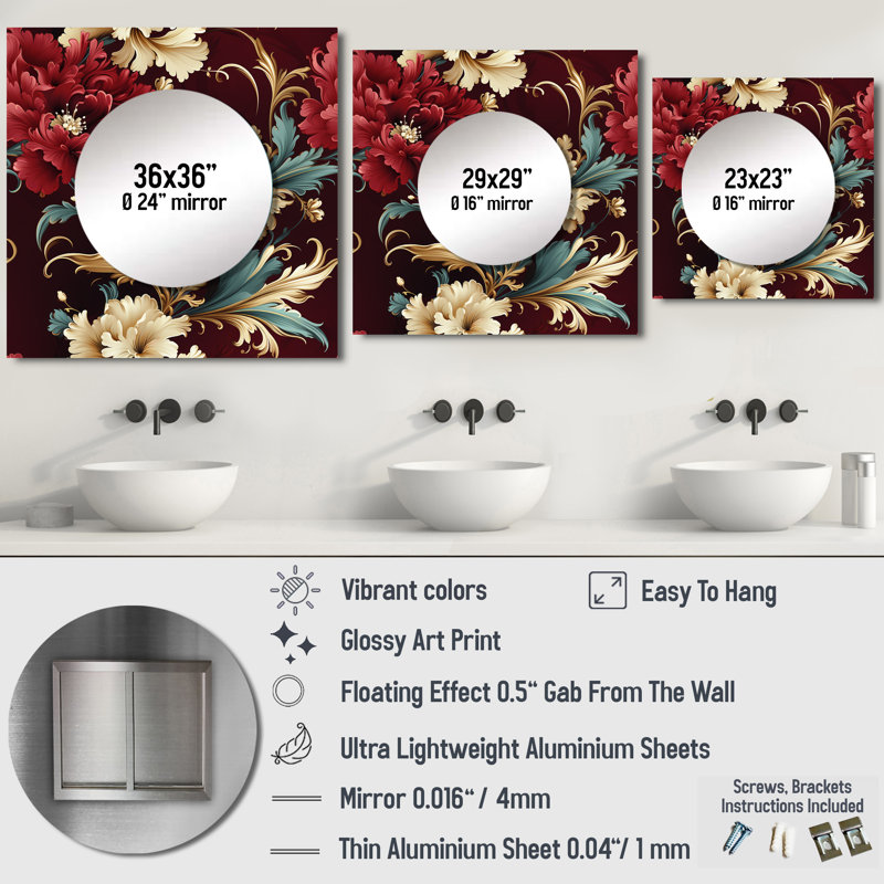 Elshan - Floral Square Mirror Wall Art For Bathroom, 36" x 36"