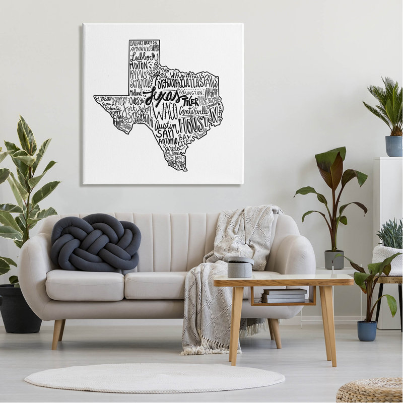 Impression sur toile tendue, "Texas State Typographie", H 36 po x l 36 po x P 1,5 po