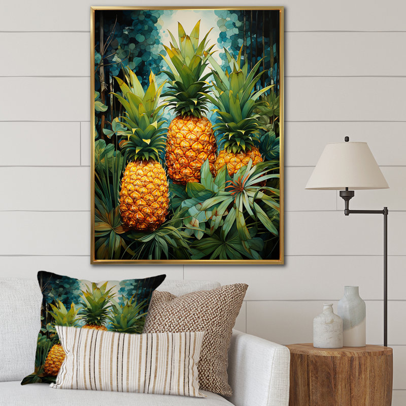 Pineapples Tropical Dots I - reproduction de cadre flottant sur toile, Encadrement doré, H 44 po x l 34 po x P 1,5 po