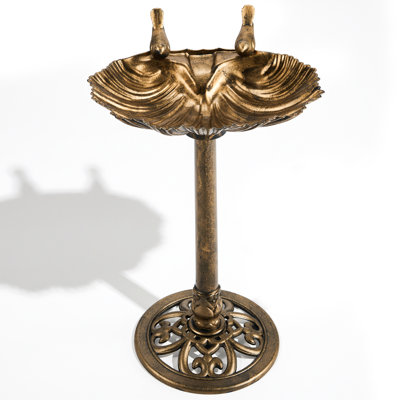  32 In. Antique Copper-Finish Resin Scalloped Edge Bird Bath With Solar Fountain
