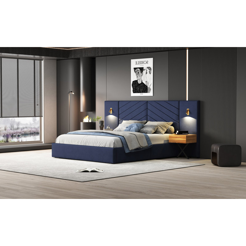 Velvet Bed Frame/Vertical Channel Tufted Wingback Headboard, King