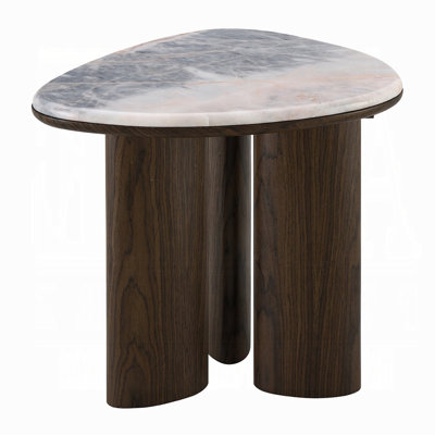 Sima Side End Table, 22 Inch White Marble Top with 3 Leg, Brown Wood