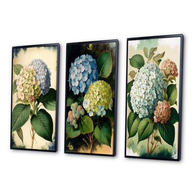 «Blue Retro Hydrangena», 3 pièces sur toile