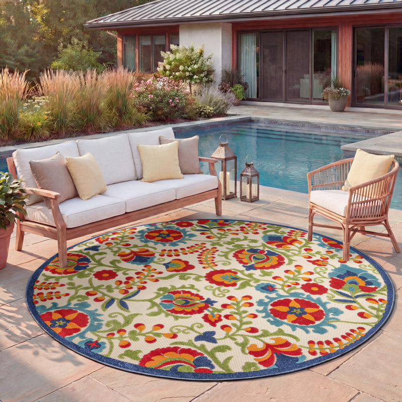 Tapis intérieur/extérieur Bernia floral ivoire/rouge/vert, Rond 7 pi 10 po