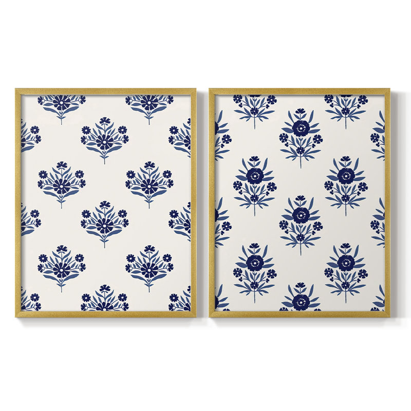Motif de fleurs indigo I - impression encadrée de qualité supérieure - prêt à être accroché - aucun clou requis - aucun clou requis