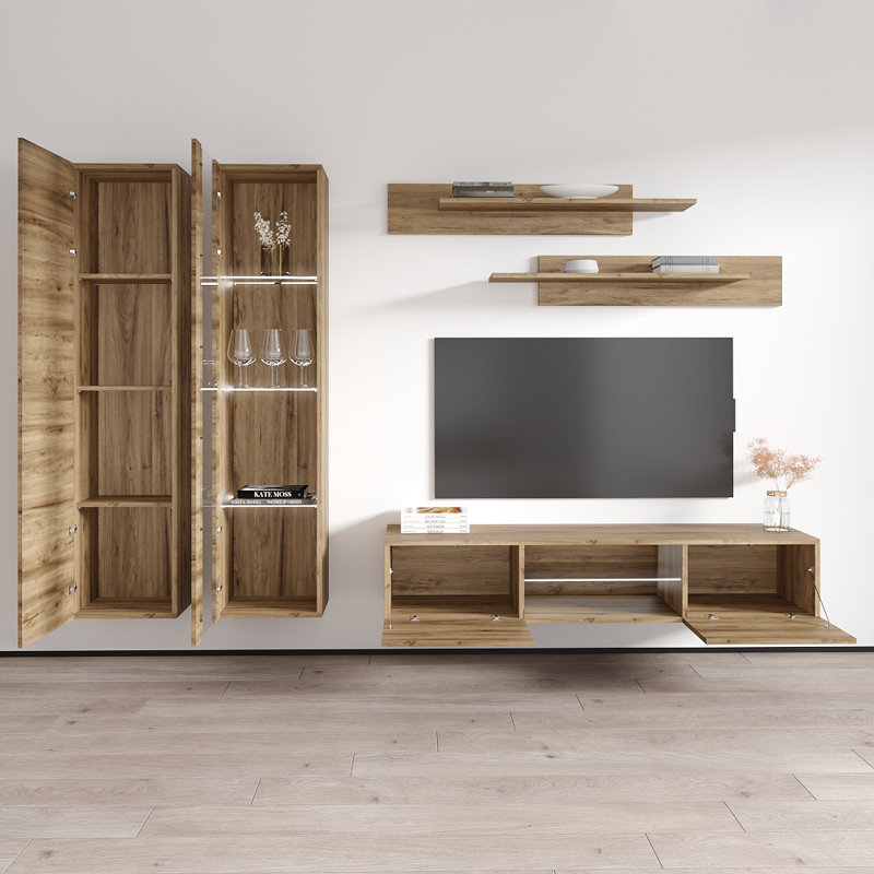 100" Modern Floating Wall Mounted Entertainment Center with 16-Color LED Lighting, High Gloss Finish, Oak