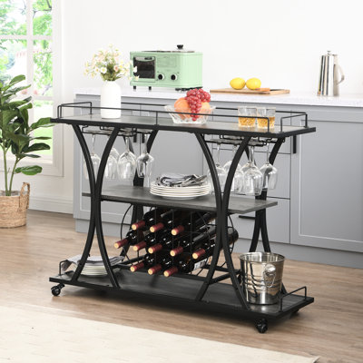 Mobile Serving Cart For Home Kitchen, Industrial 3 - Tier Storage, 11 Bottle And 16 Wine Glass , Black + Gray, Reliable Design Kitchen Bar With Wheels Shelves, Metal Construction, Gray Color