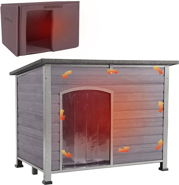 Medium Gray Insulated Wooden Dog House with Iron Frame